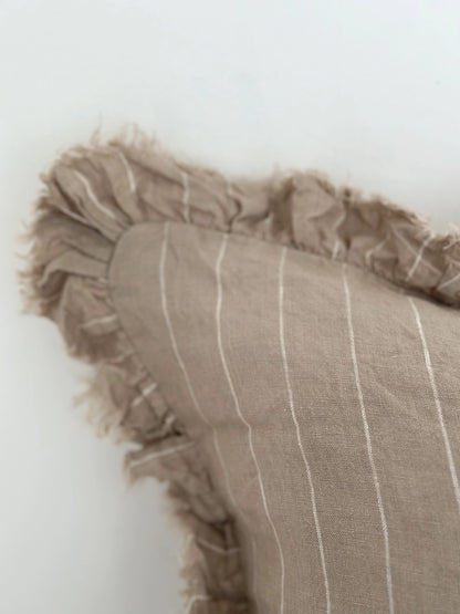 Beige Stripe Linen Cushion Cover with Ruffled Edge 45x45cm | Mellowdays Furniture