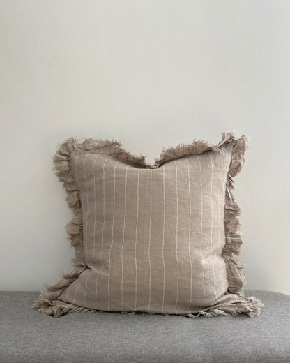 Beige Stripe Linen Cushion Cover with Ruffled Edge 45x45cm front view | Mellowdays Furniture