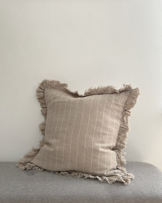 Beige Stripe Linen Cushion Cover with Ruffled Edge 45x45cm side view | Mellowdays Furniture