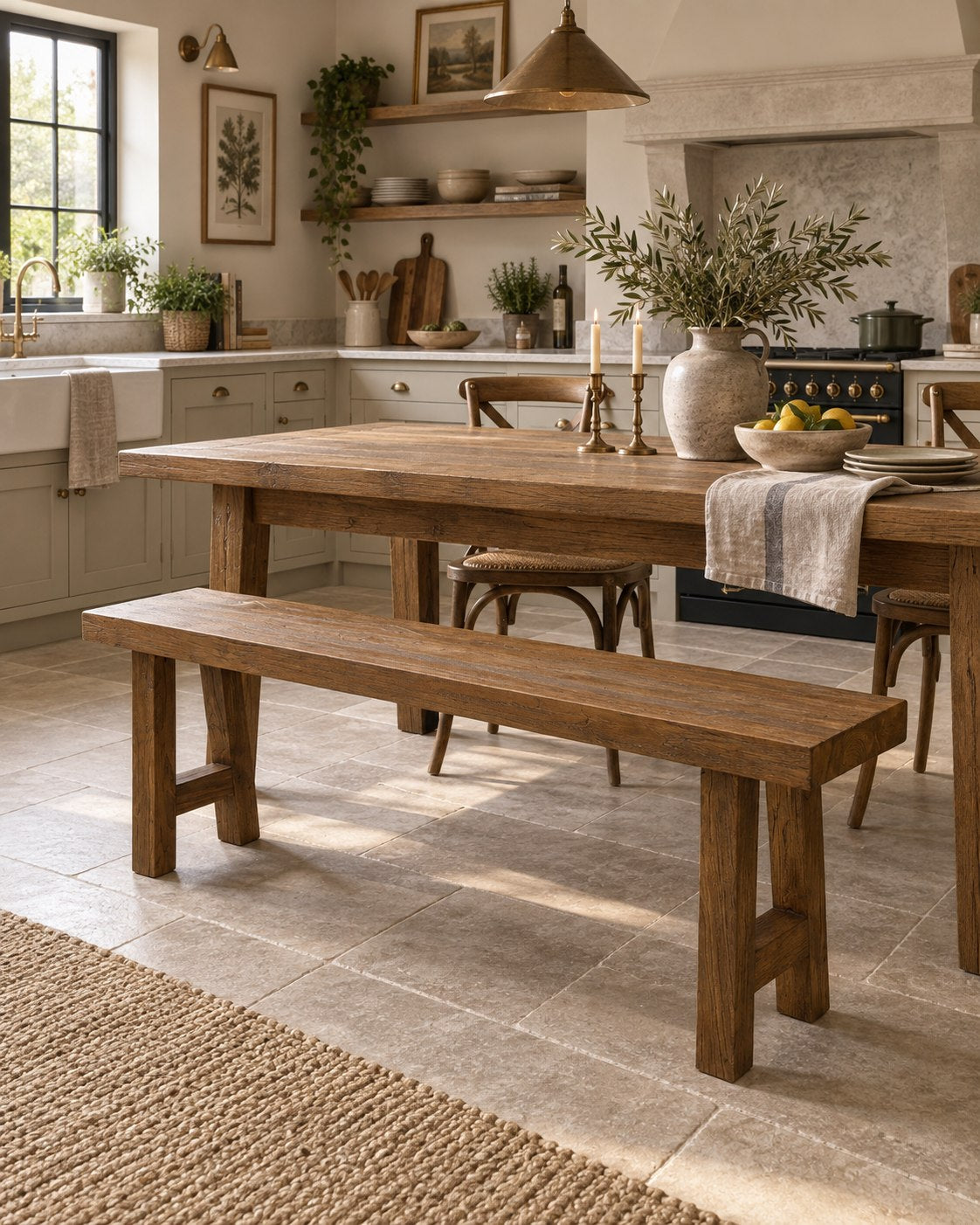 Capri reclaimed teak bench in cosy farmhouse kitchen | Mellowdays Furniture