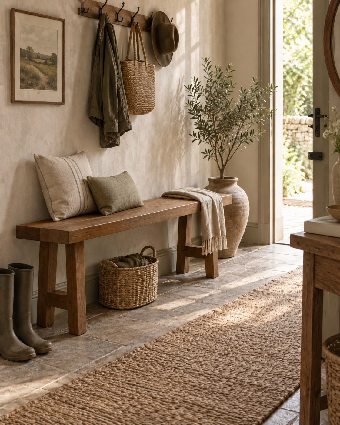 Capri reclaimed teak bench in rustic entryway | Mellowdays Furniture