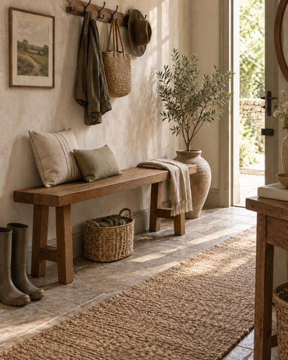 Capri reclaimed teak bench in rustic entryway | Mellowdays Furniture