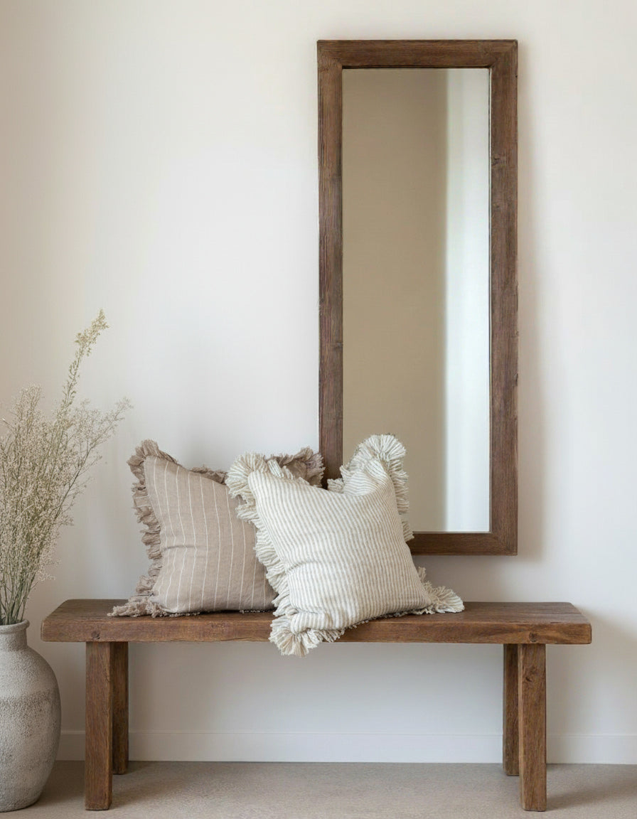 Capri Reclaimed Teakwood Dining Bench in hallway with beige striped cushions by Mellowdays Furniture