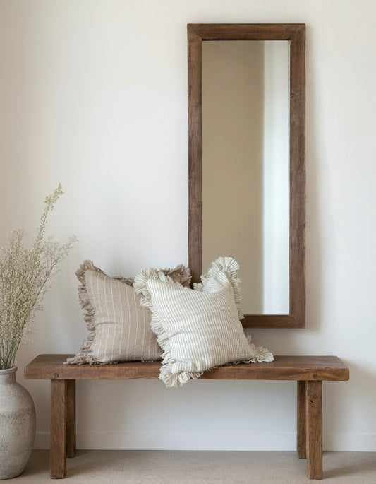 Capri Reclaimed Teakwood Dining Bench in hallway with beige striped cushions by Mellowdays Furniture