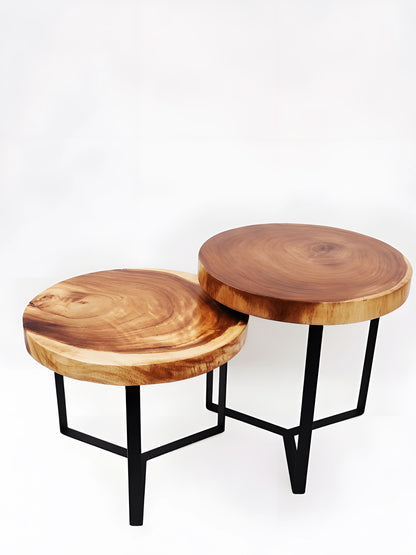 Cartagena Set of Two Suar Wood Top Coffee Tables with black metal legs top view by Mellowdays Furniture