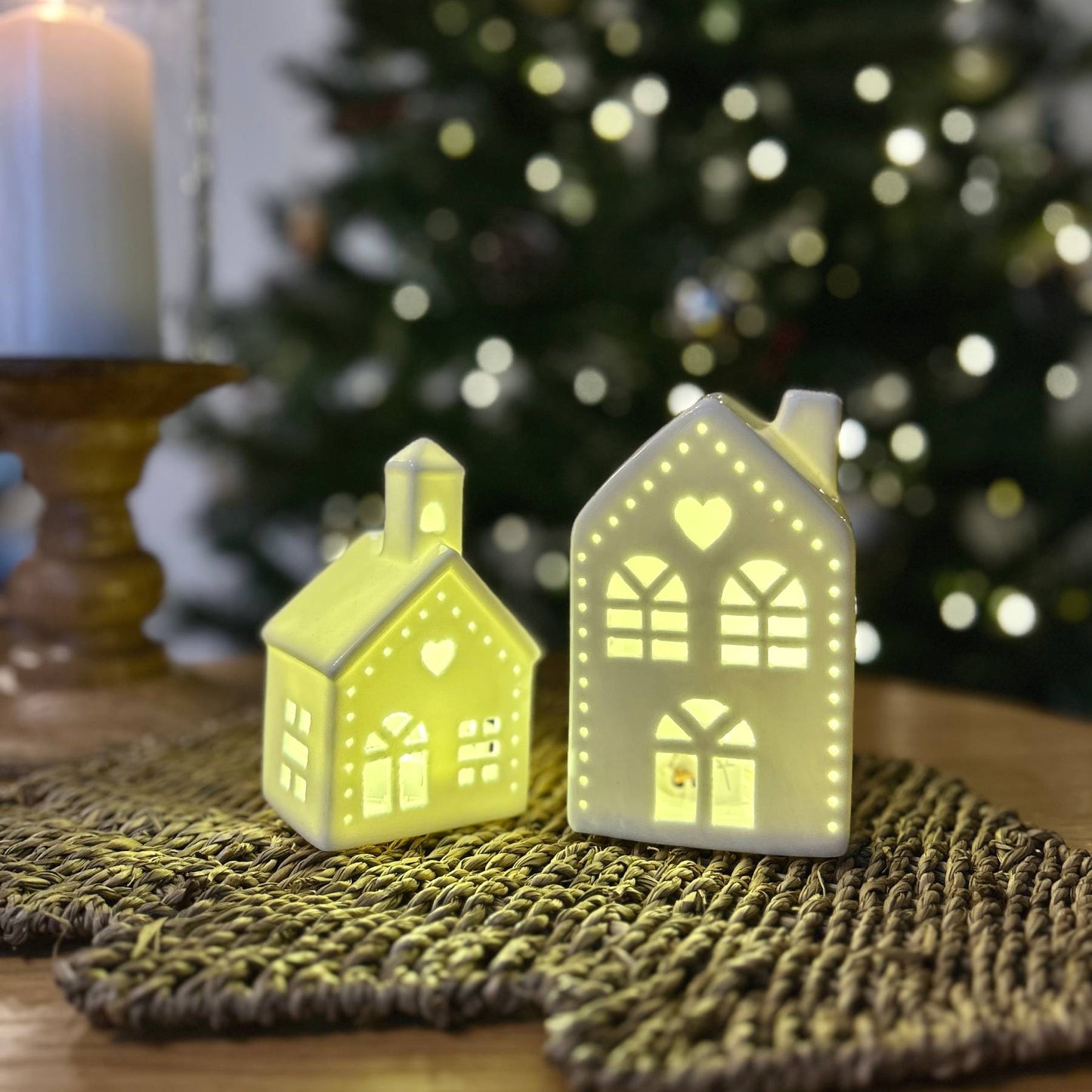 Christmas home decor styling featuring LED light up church and LED light-up house | Mellowdays Furniture