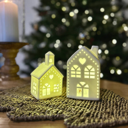 Christmas home decor styling featuring LED light up church and LED light-up house | Mellowdays Furniture