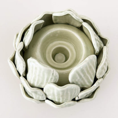Ceramic green artichoke tea light candle holder close up | Mellowdays Furniture