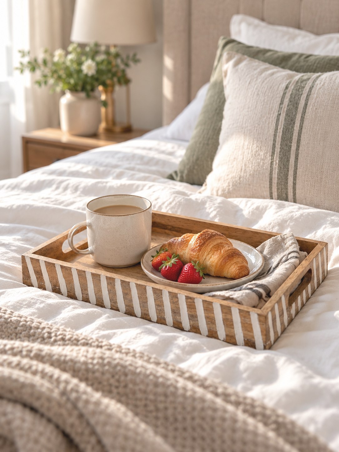 A mango wood breakfast tray with white stripes sits on a neatly made bed, holding a mug, a croissant on a plate, and strawberries in a softly lit bedroom setting.