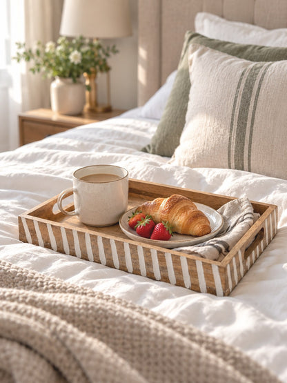 A mango wood breakfast tray with white stripes sits on a neatly made bed, holding a mug, a croissant on a plate, and strawberries in a softly lit bedroom setting.
