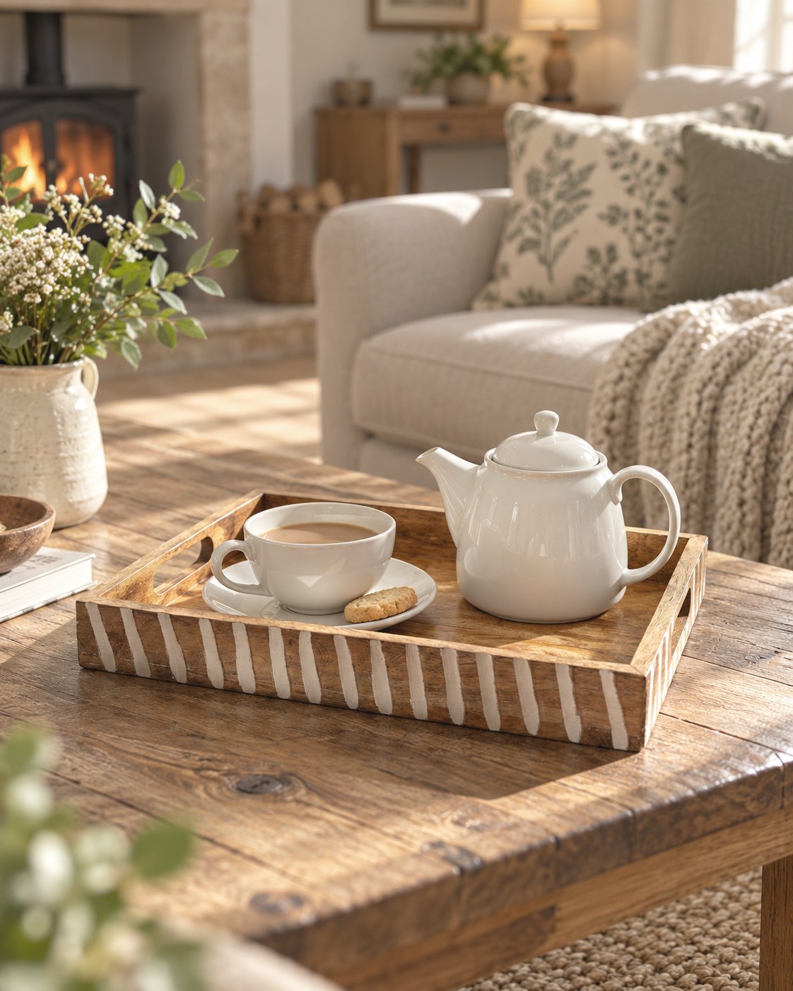 A rectangular mango wood serving tray with a striped border and handles, holding a white teapot, teacup, saucer, and two biscuits, set on a rustic wooden coffee table in a cosy living room.