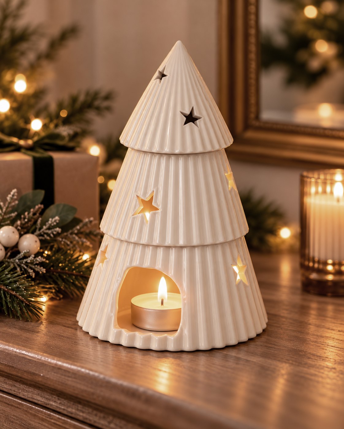 Cream-coloured ceramic Christmas tree-shaped oil burner / wax warmer with star cutouts, displayed on a wooden mantelpiece with warm holiday lights in the background.