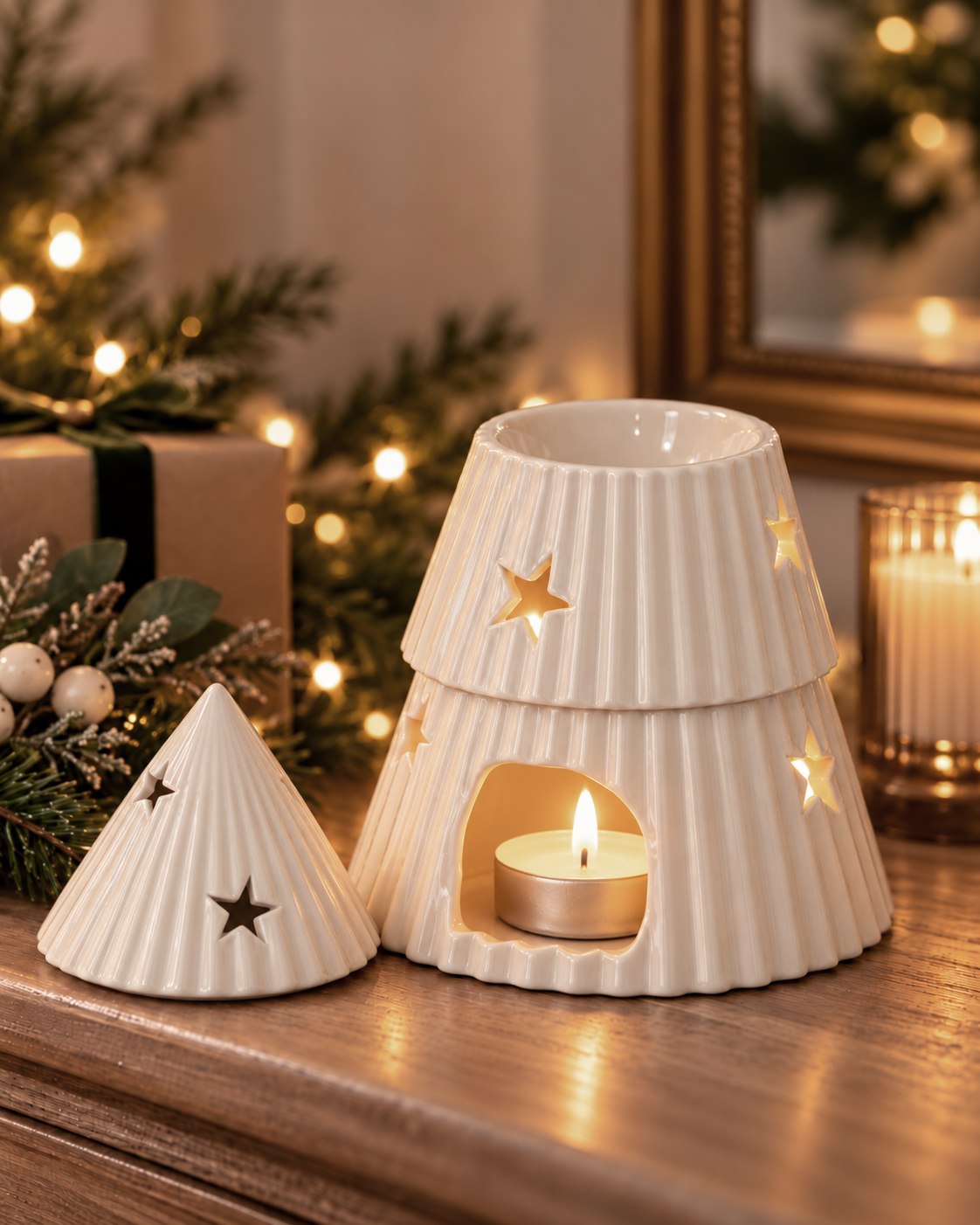 Cream-coloured ceramic Christmas tree-shaped oil burner wax warmer with star cutouts, displayed on a wooden mantelpiece with warm holiday lights in the background.