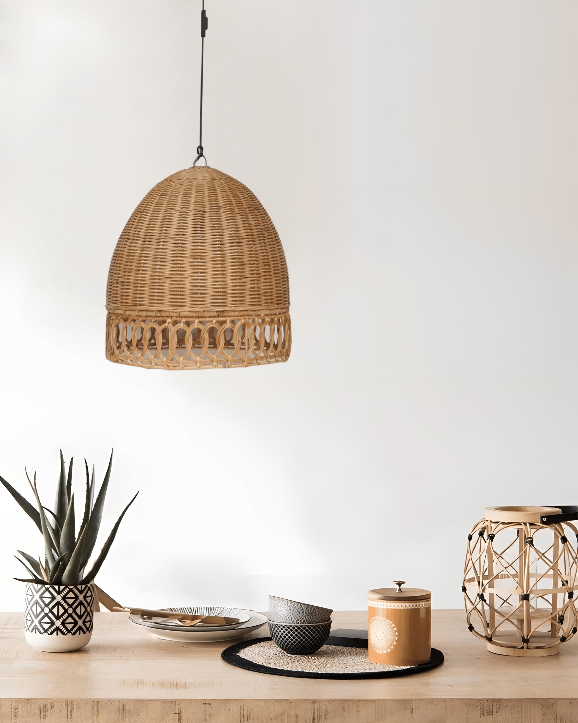 Dobbe Rattan Pendant Shade in dining room by Mellowdays Furniture
