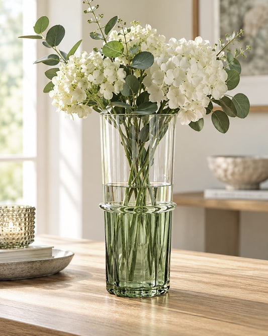 Elegant Two-tone green and clear glass vase with hydrangea | Mellowdays Furniture