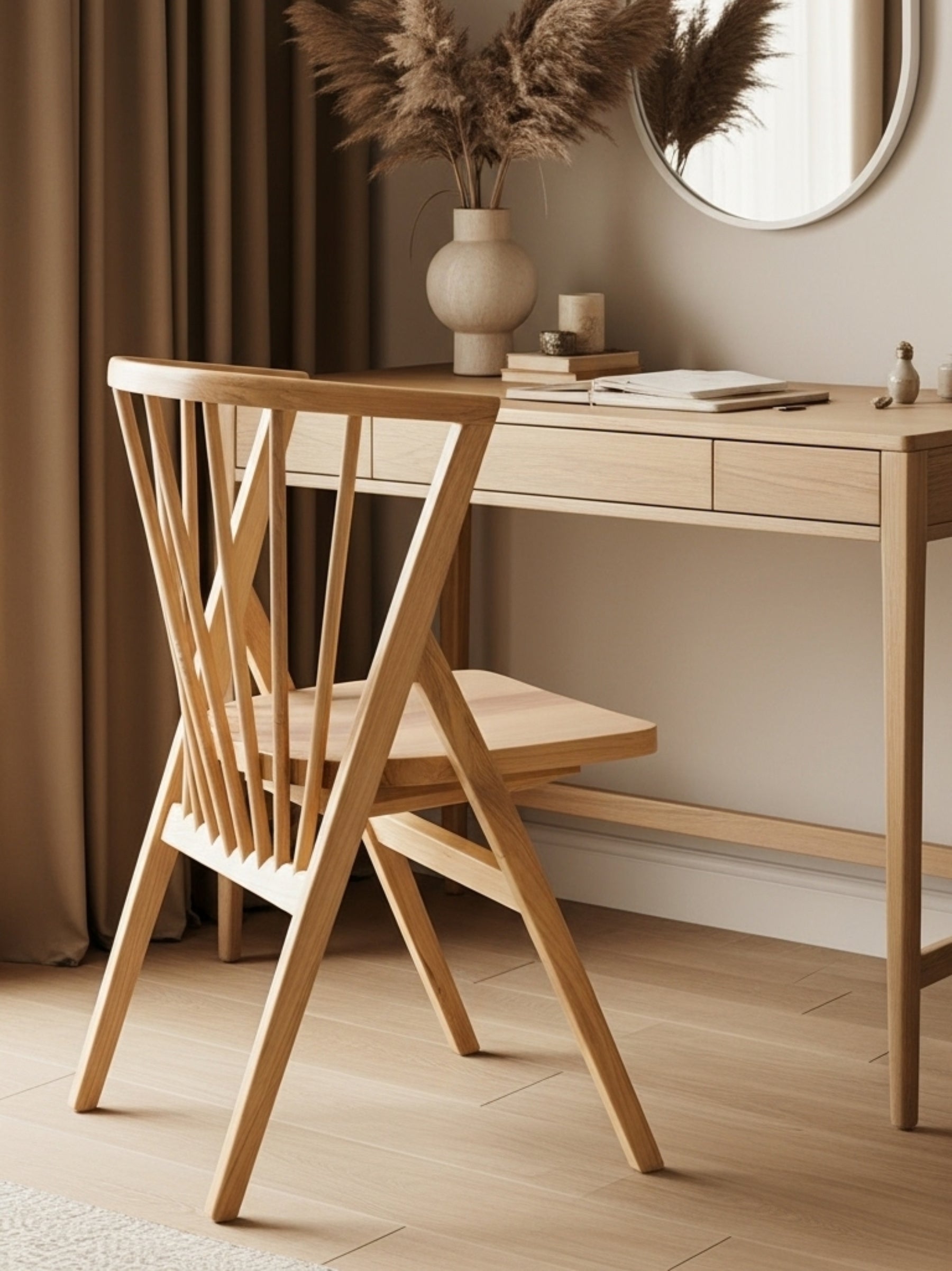 Falconi sungkai wood dining chair in front of desk | Mellowdays Furniture