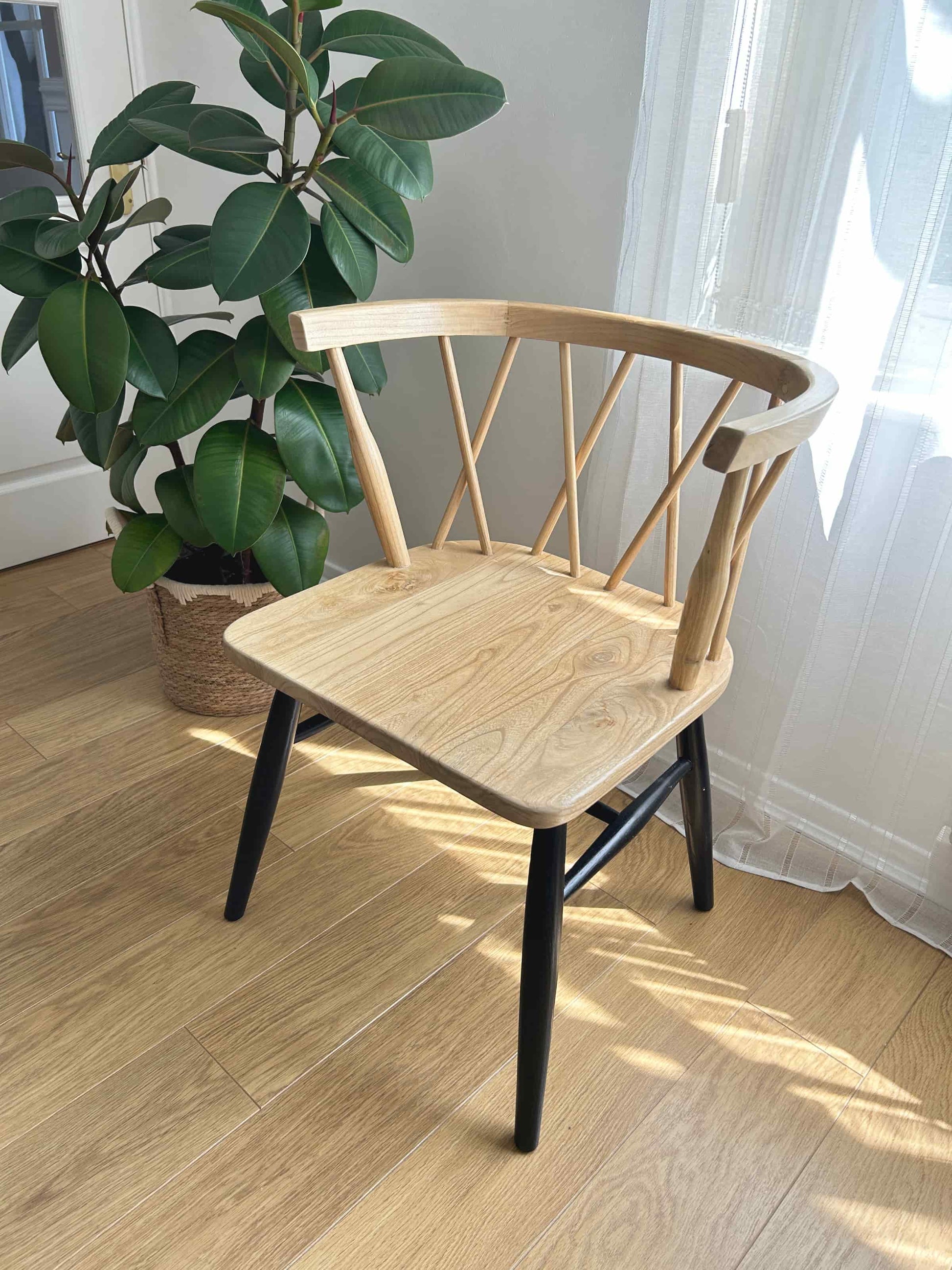 Fallas Sungkai Wood Cross-back Dining Chair - natural seat and black legs - back view - Mellowdays Furniture