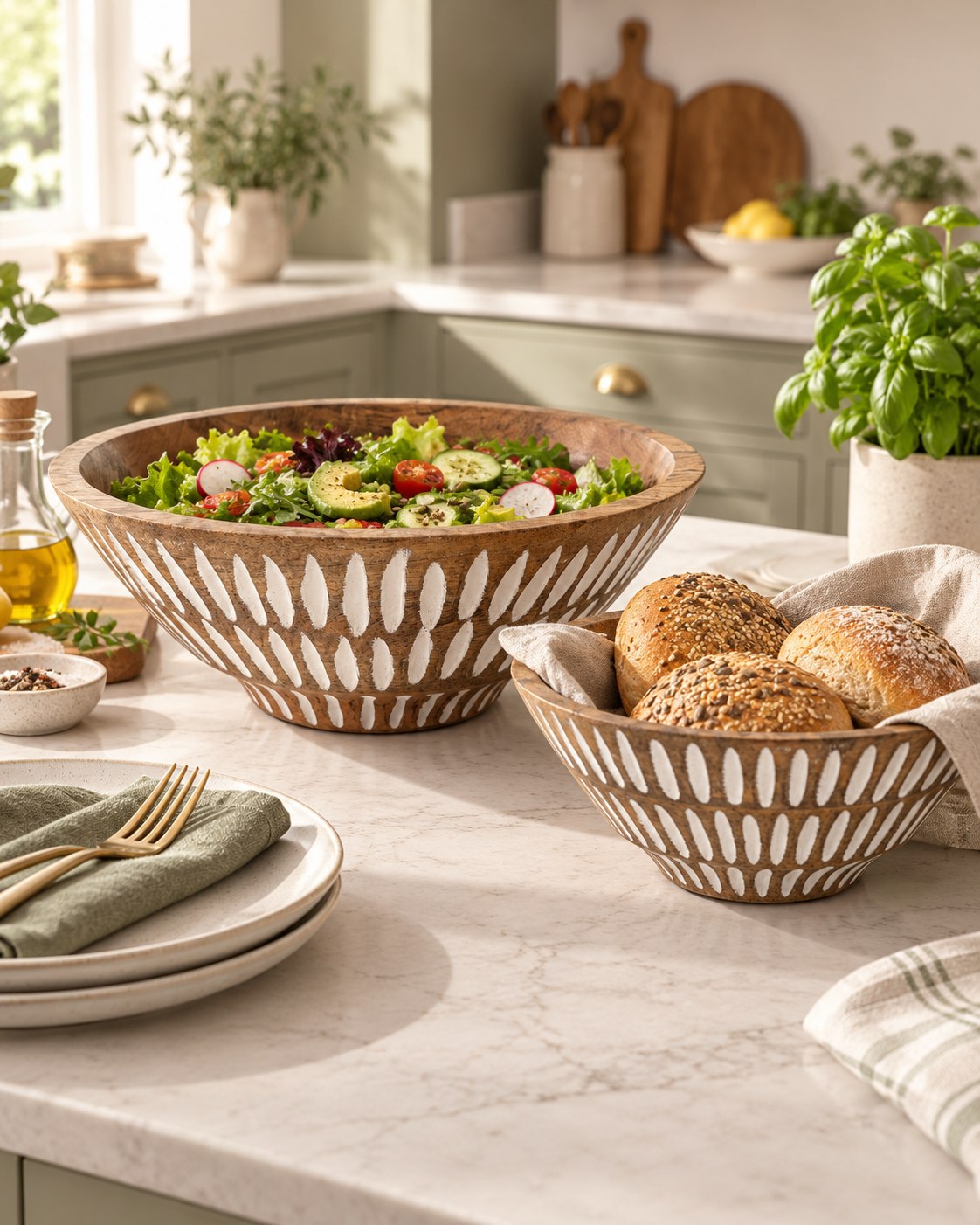 Two decorative mango wood bowls on a marble kitchen counter, one filled with a colourful salad and one with bread rolls, with plates and greenery in a bright kitchen setting.