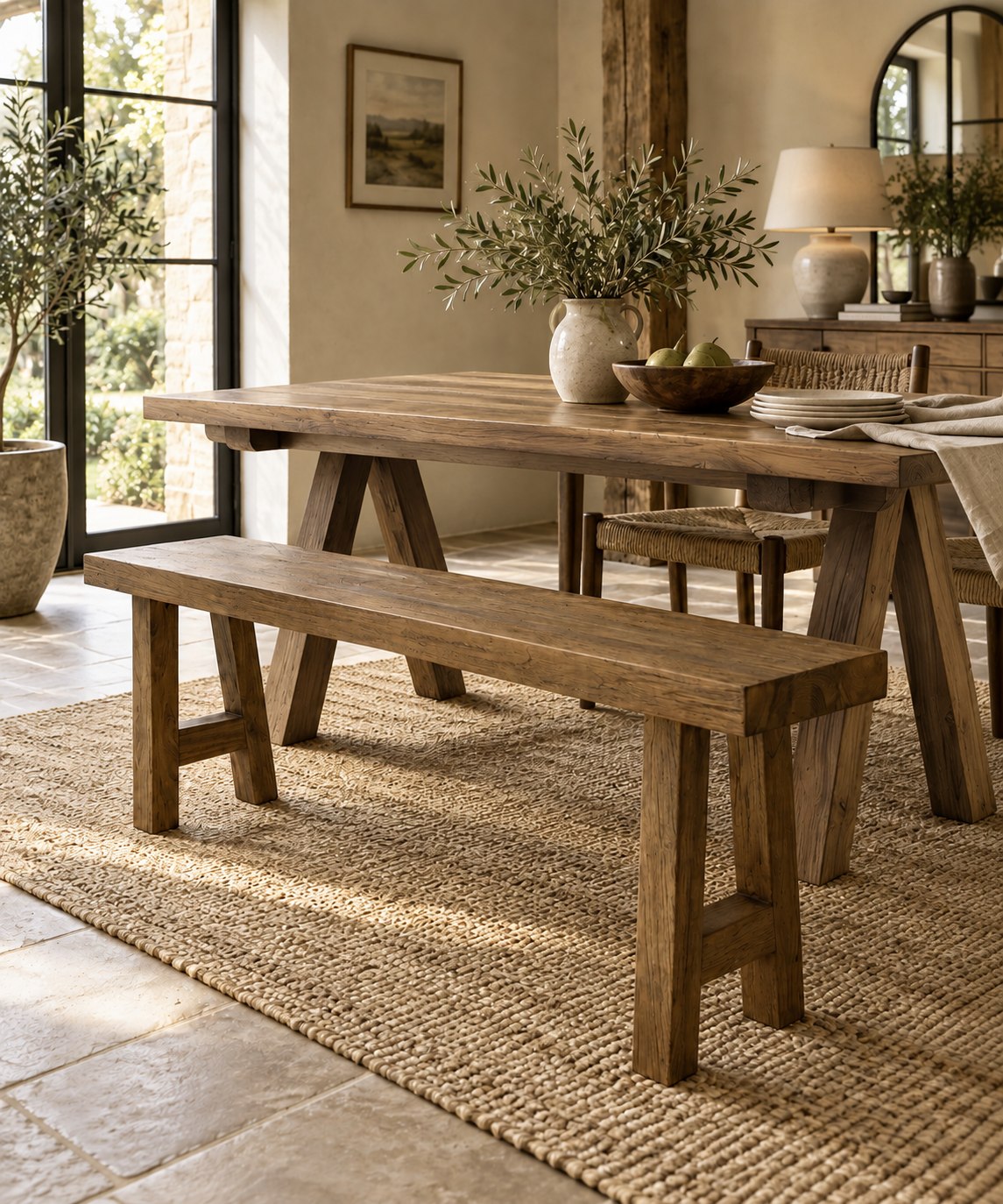 Fontera reclaimed teak dining table and capri reclaimed teak bench in rustic farmhouse dining room | Mellowdays Furniture