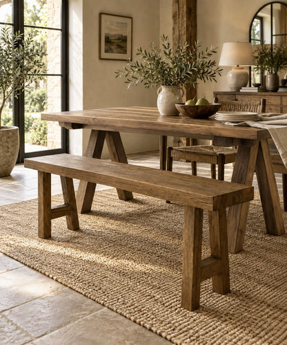 Fontera reclaimed teak dining table and capri reclaimed teak bench in rustic farmhouse dining room | Mellowdays Furniture