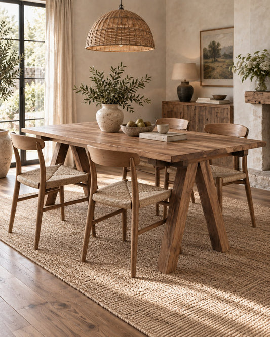 Fontera reclaimed teak dining table in sunlit contemporary rustic dining room | Mellowdays Furniture
