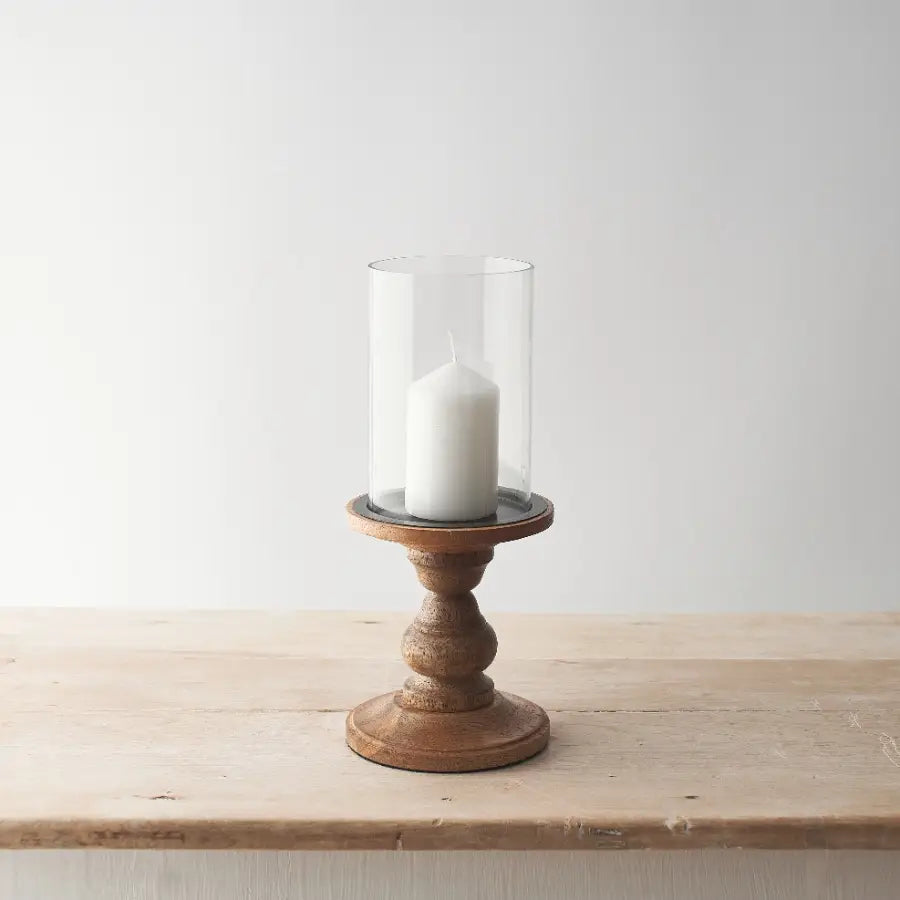 Glass Hurricane Candle Holder with Wood Base, 30cm | Mellowdays Furniture