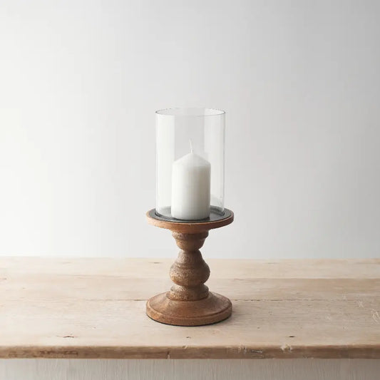 Glass Hurricane Candle Holder with Wood Base, 30cm | Mellowdays Furniture