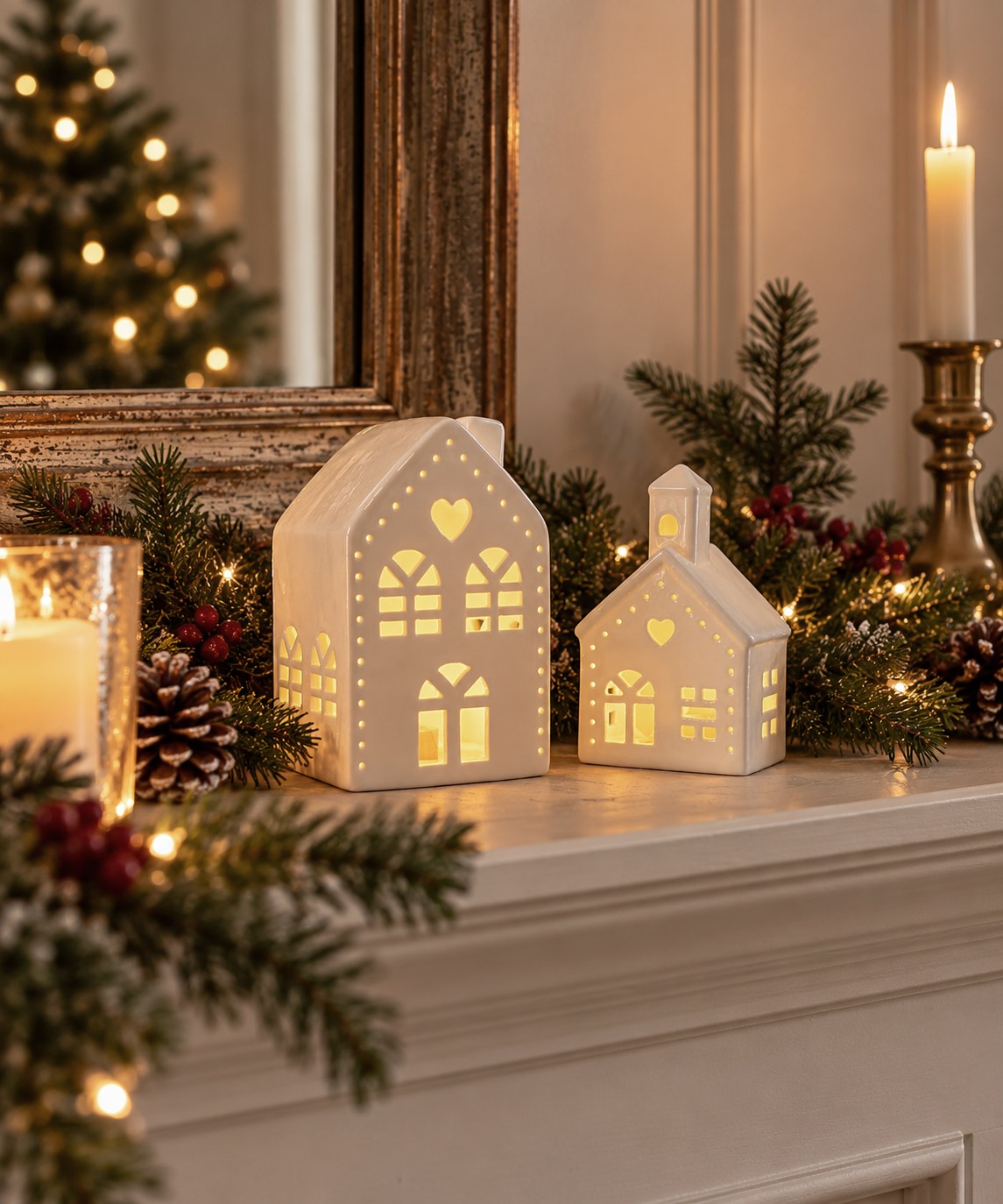 Ceramic light up house Christmas ornaments on a festive mantel