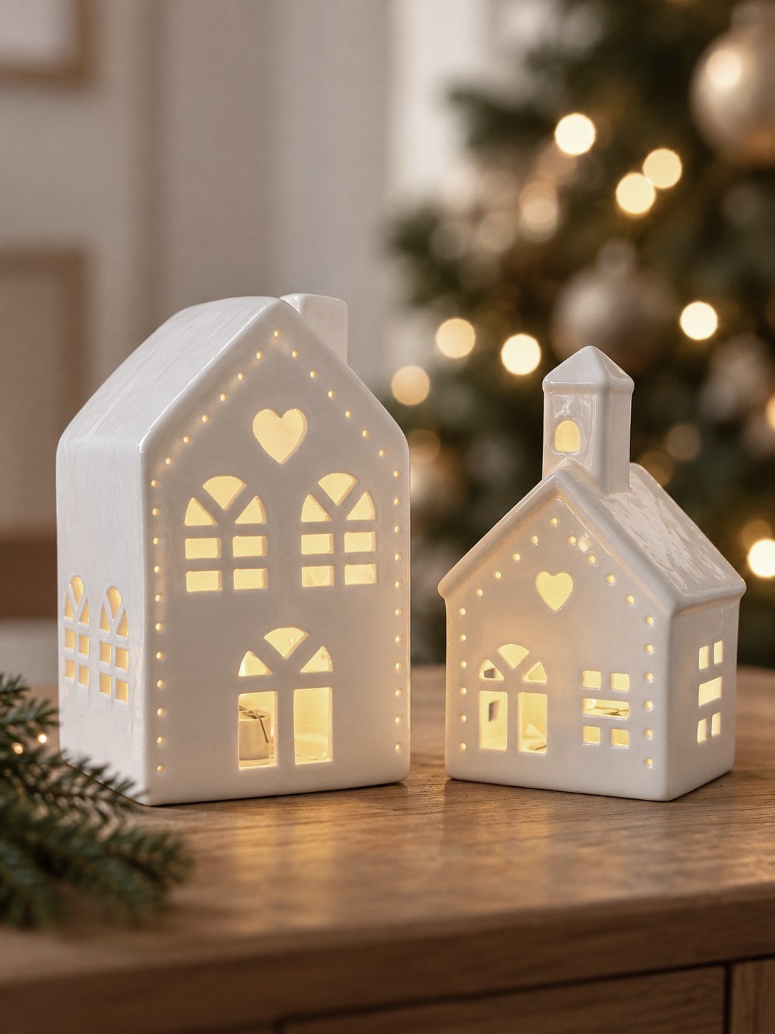 Two white ceramic Christmas house and church ornaments with warm yellow LED lighting, displayed on a wooden surface with a blurred Christmas tree in the background.
