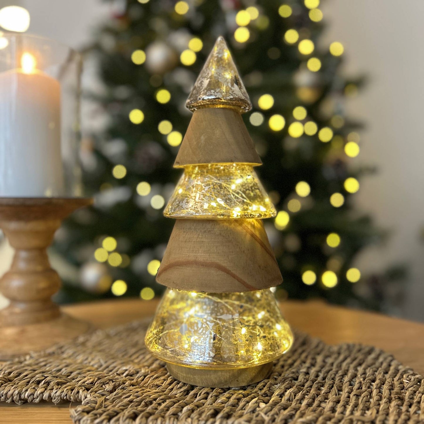 Gold Glass & Wood LED Christmas Tree Ornament | Mellowdays Furniture