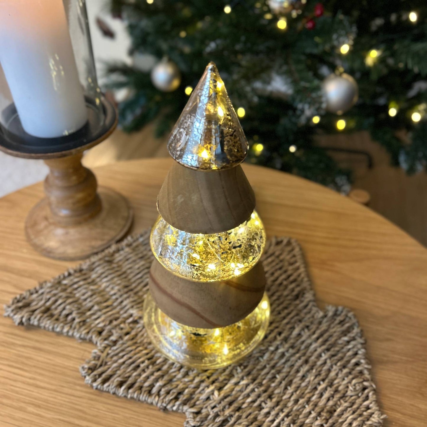 Gold Glass & Wood LED Christmas Tree Ornament from top down view | Mellowdays Furniture