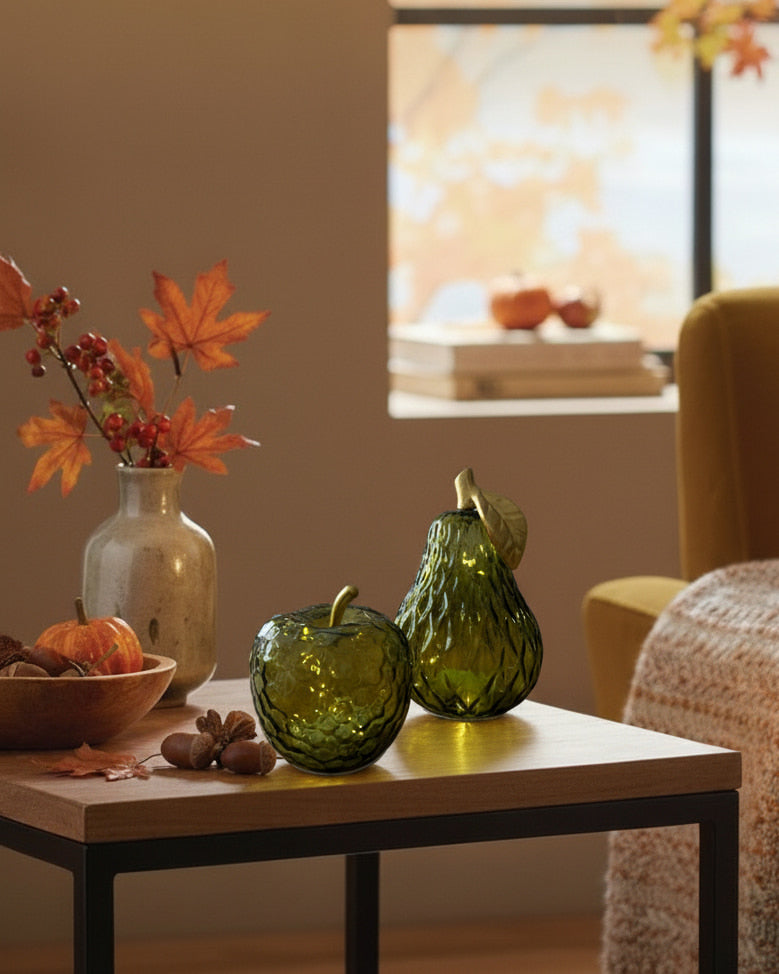 Green Glass Apple and Pear LED Lamp with Gold Stem | Mellowdays Furniture