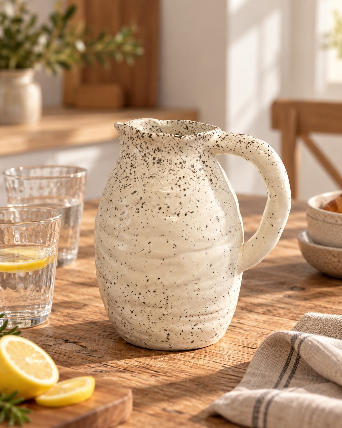 Large Handmade Ceramic Jug – White Speckled, 20.5cm | Mellowdays Furniture