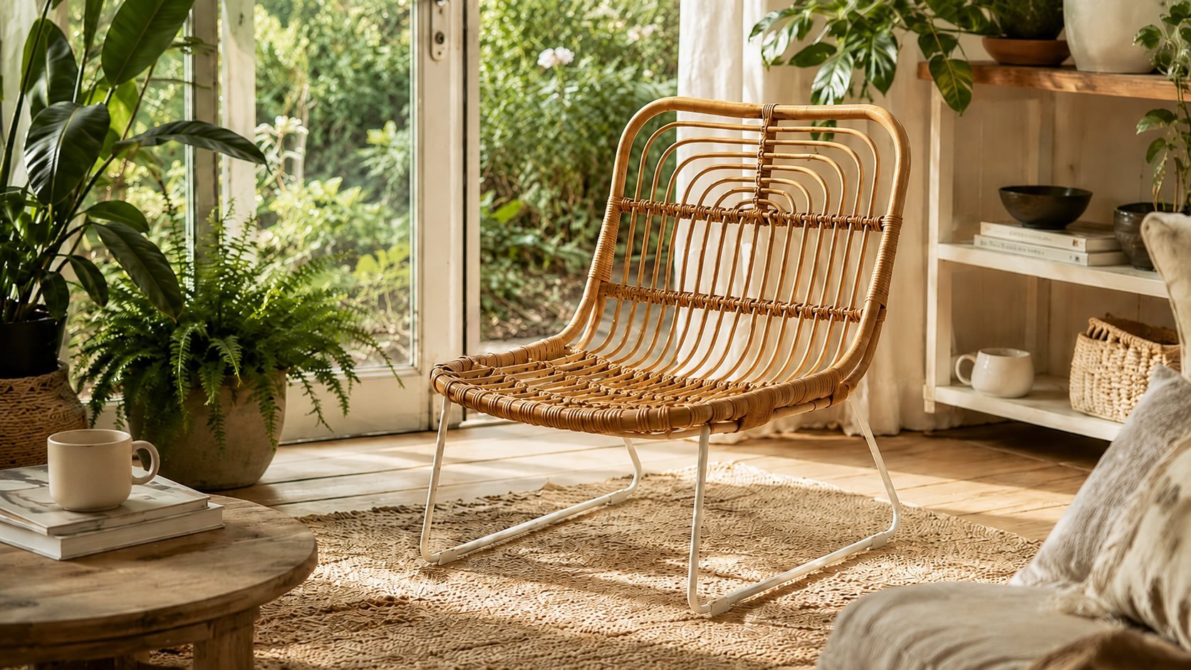 Natural rattan lounge chair in a relaxed sun room