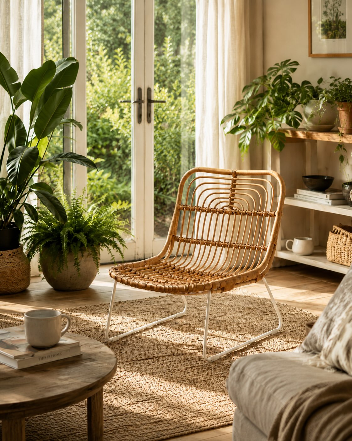 Natural rattan lounge chair in a relaxed sun room