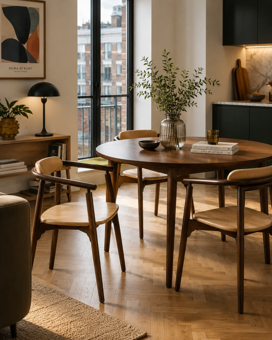 Ibanez wooden dining chair with armrest in sunlit mid-century dining nook | Mellowdays Furniture