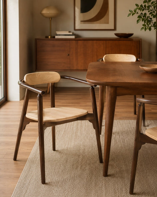 Ibanez wooden dining chair with armrest in mid-century modern dining room | Mellowdays Furniture
