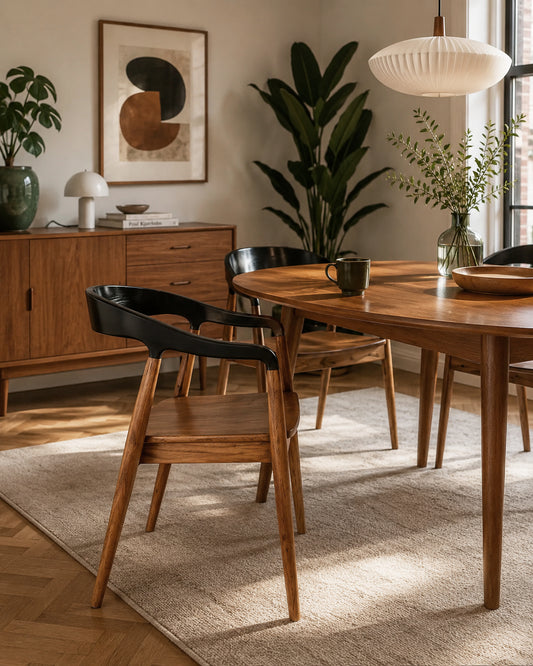 Jacobo teakwood dining chair in sunlit mid-century dining retreat | Mellowdays Furniture