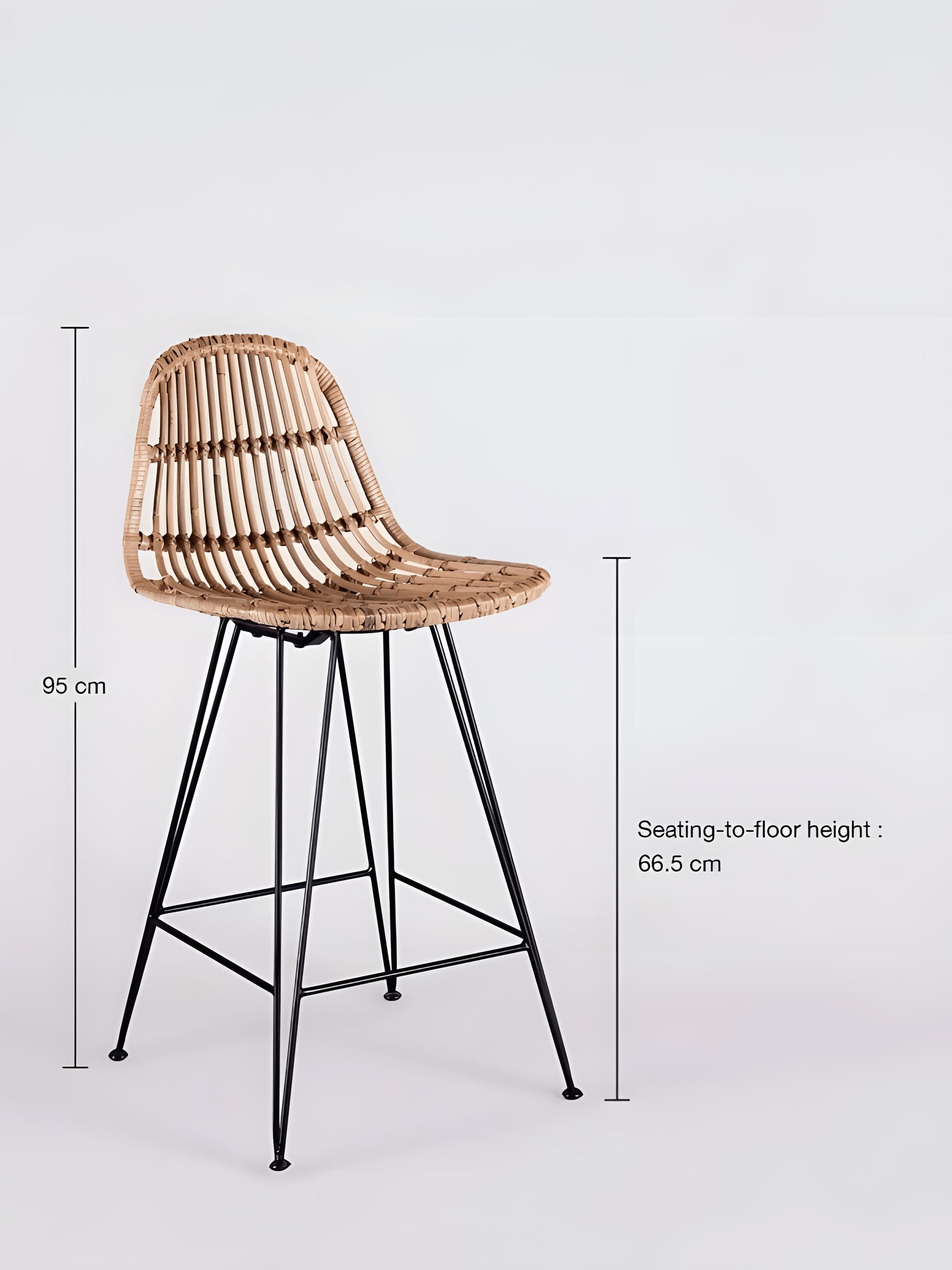 Julio Rattan Kitchen Stool with black metal legs front view with measurement by Mellowdays Furniture