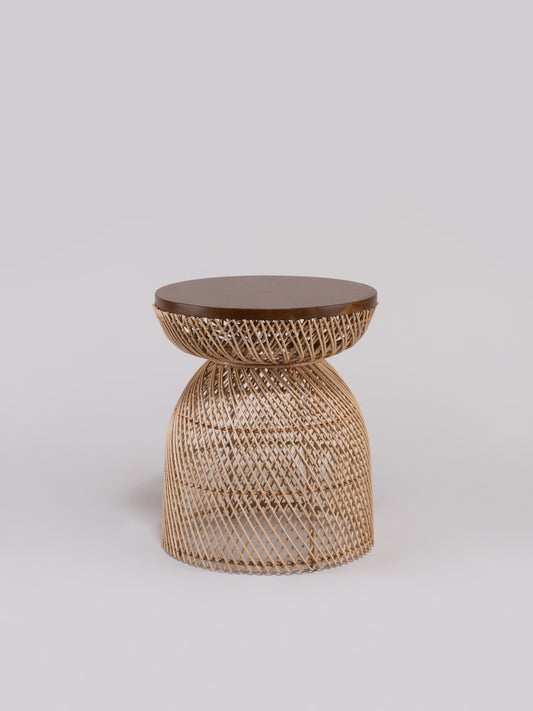 Kenogo Round Side Table Teakwood Rattan - front view - Mellowdays Furniture