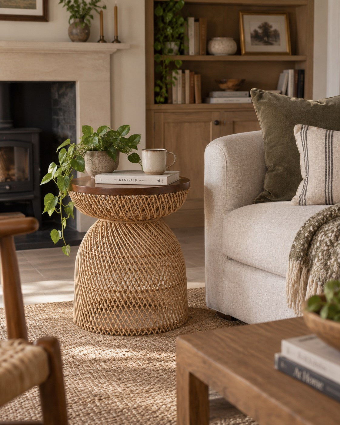 Kenogo teakwood and rattan side table in cosy rattan corner with kinfolk style | Mellowdays Furniture