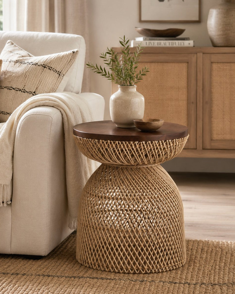 Kenogo teakwood and rattan side table in neutral wicker living room | Mellowdays Furniture