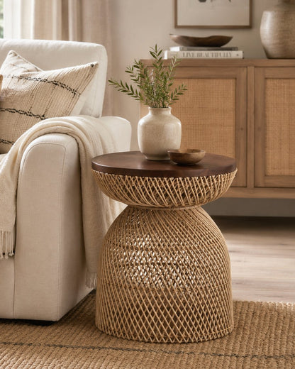Kenogo teakwood and rattan side table in neutral wicker living room | Mellowdays Furniture