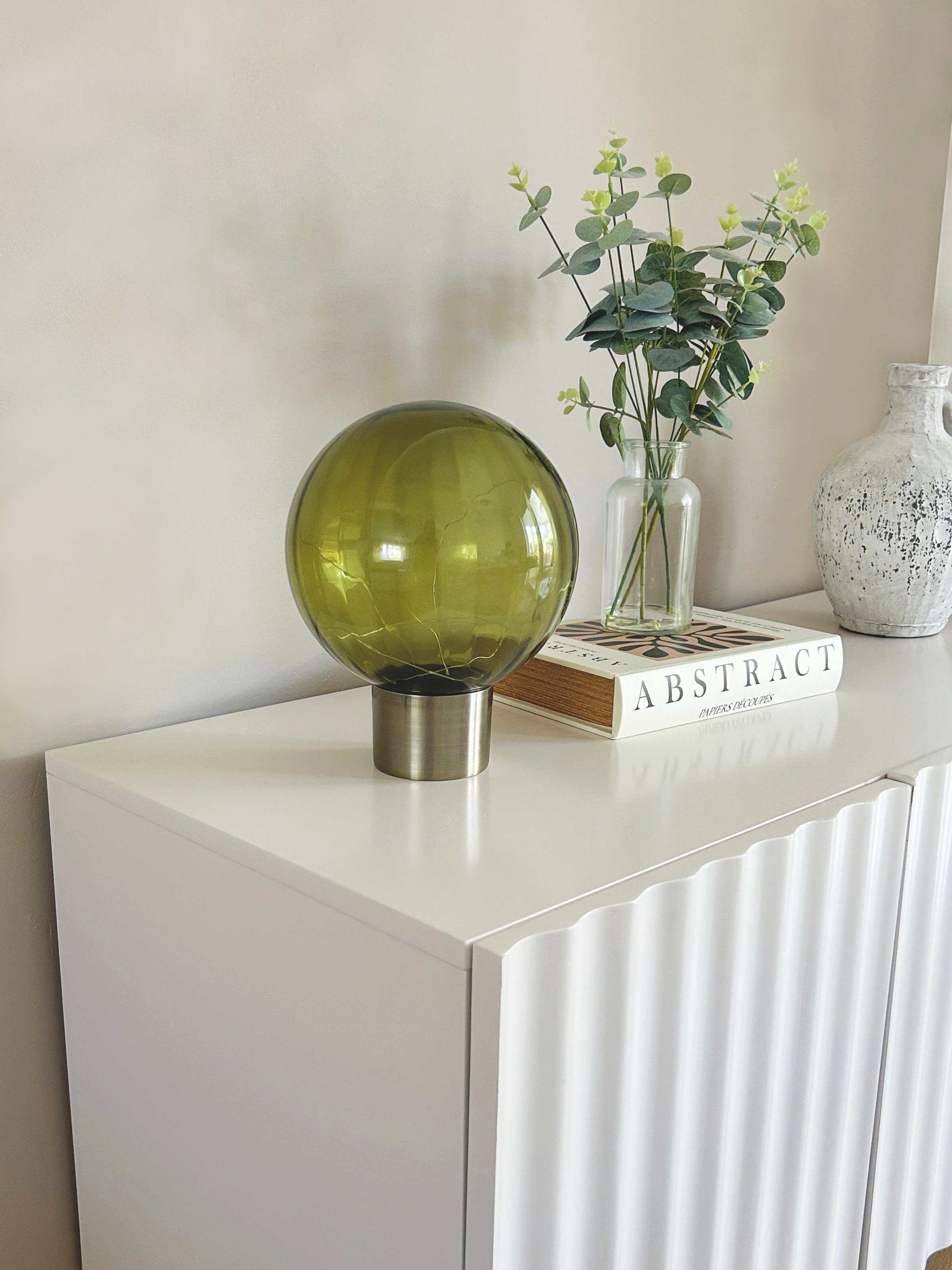 24cm olive green LED Ball table lamp with led light string on a brushed brass metal base | Mellowdays Furniture