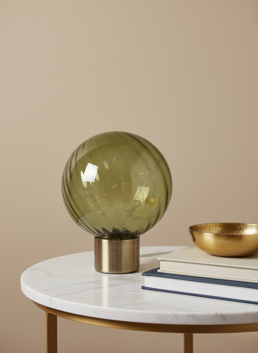 24cm olive green LED Ball table lamp with led light string on a brushed brass metal base | Mellowdays Furniture