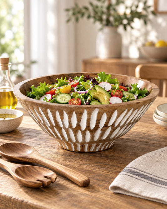 A large round mango wood salad bowl with a carved geometric pattern, filled with a fresh green salad, set on a rustic wooden table with wooden serving spoons and a striped napkin.
