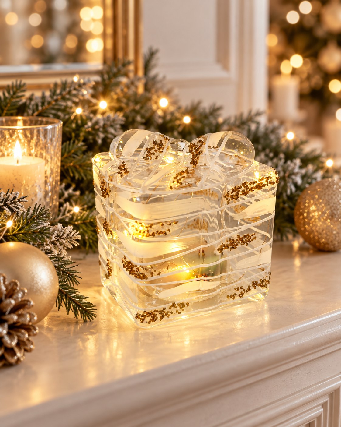 Light up LED glass Christmas gift box ornament | Mellowdays Furniture