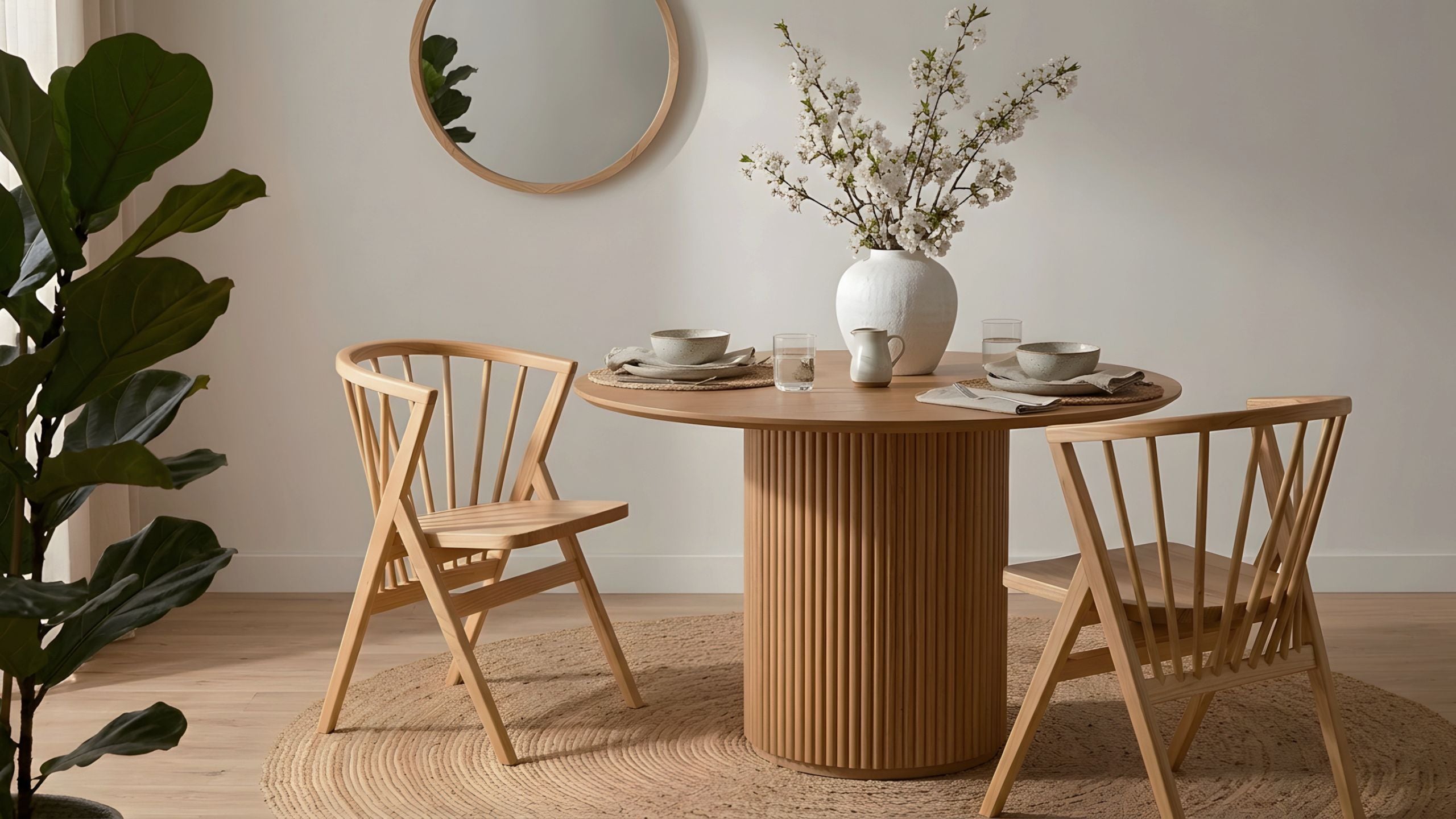 Spindle-back nordic wooden chairs and round wooden table in a minimalistic dining room