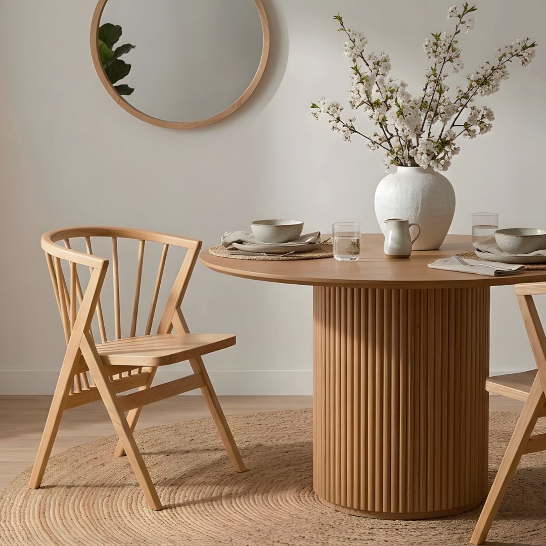 Spindle-back nordic wooden dining chair and round wooden table in a minimalistic dining room