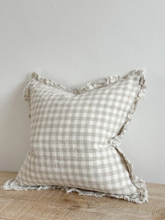 Natural Beige Gingham Linen Cushion Cover with Ruffled Edge | Mellowdays Furniture